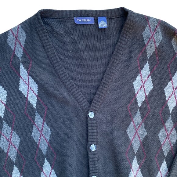 Vintage Van Heusen Mens Argyle Cardigan Sz L Black Button Academia Grandpa - Picture 2 of 11